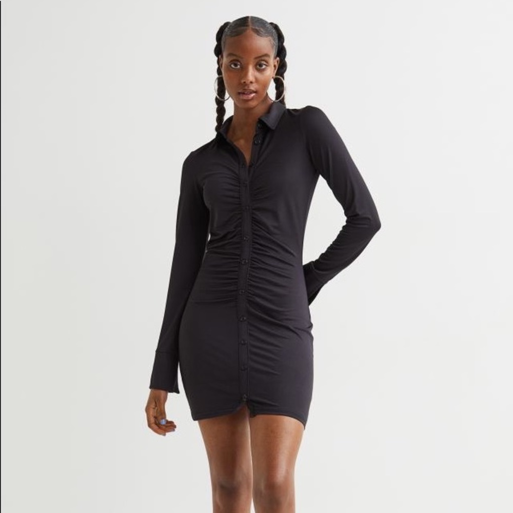 H&M Ruched Long Sleeve Dress / Shirt Dress - Black